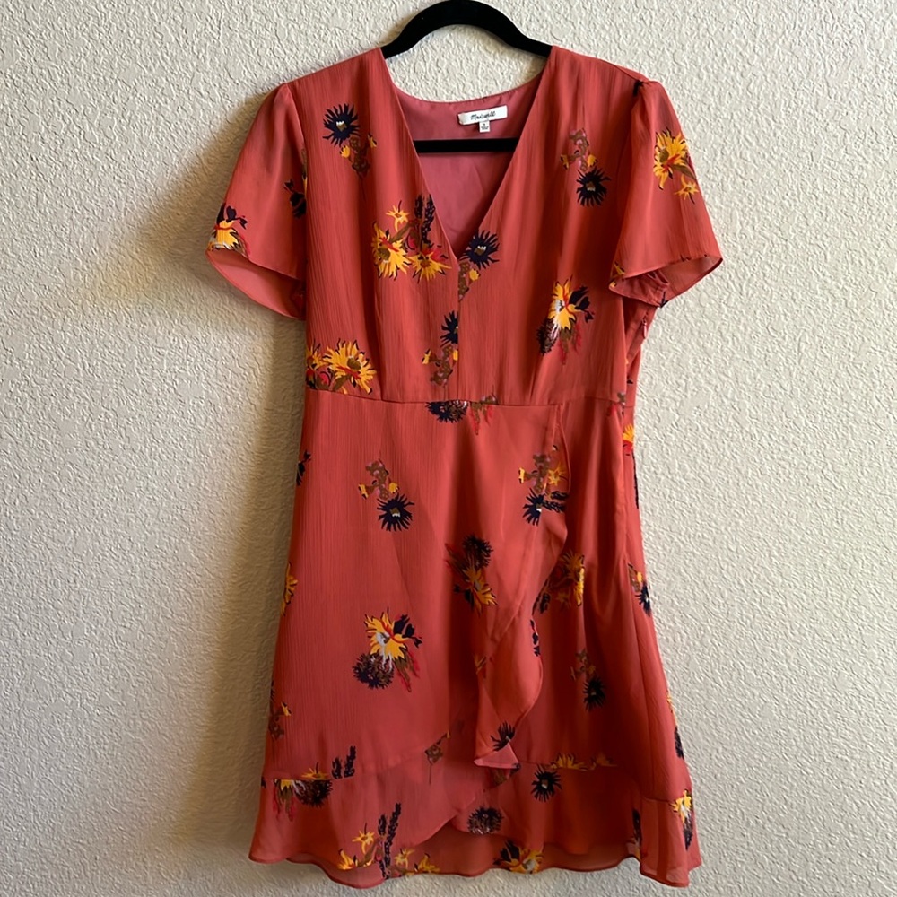 Madewell Coral Floral Mini Dress with Yellow & Black Accents